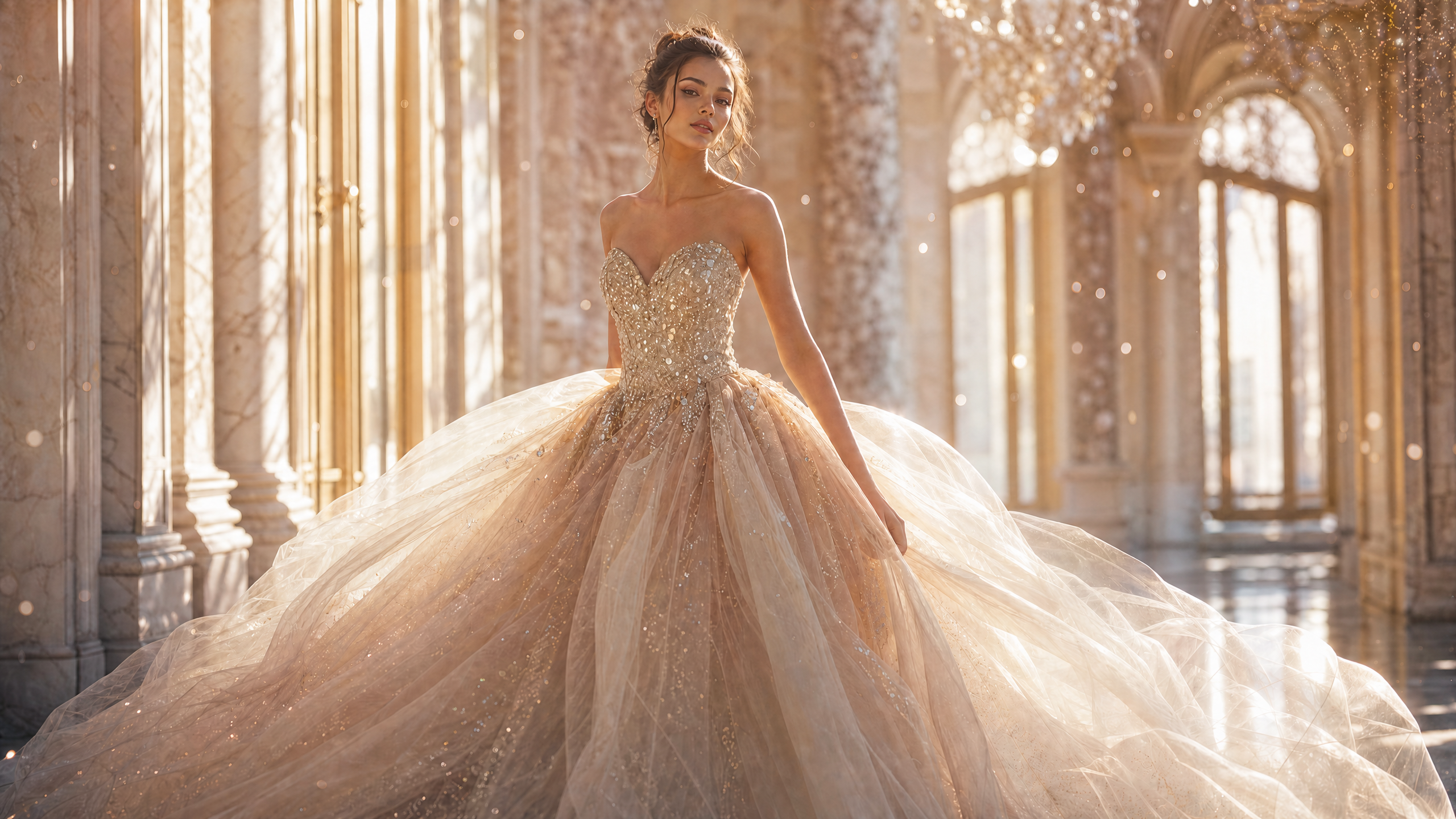 Prom and Quinceanera gown glowing in a champagne palace hallway