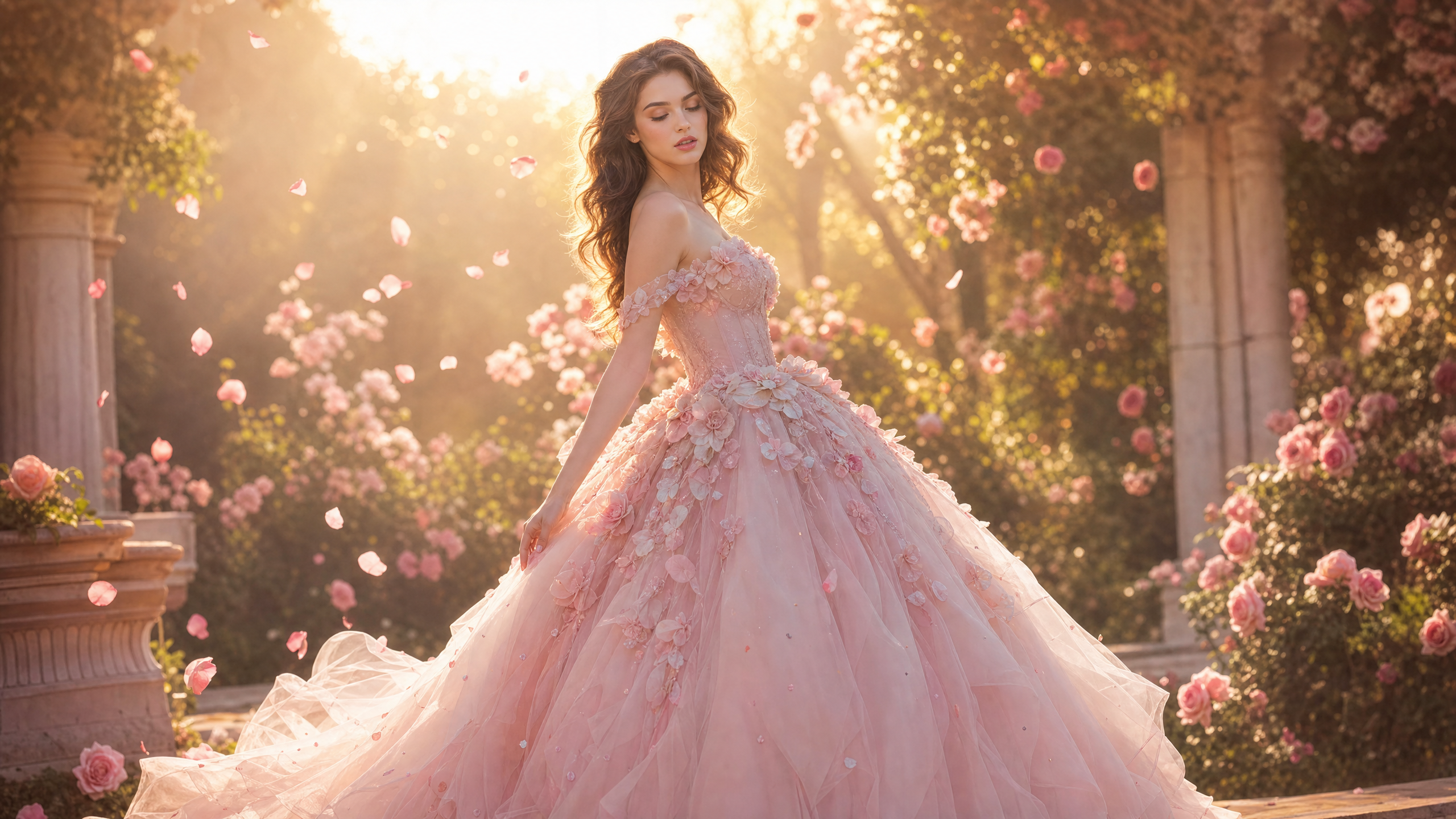Pink floral gown glowing in a dreamlike couture garden setting